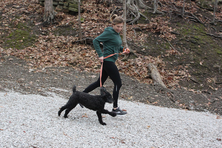 Woman wearing a teal sweatshirt with a black dog